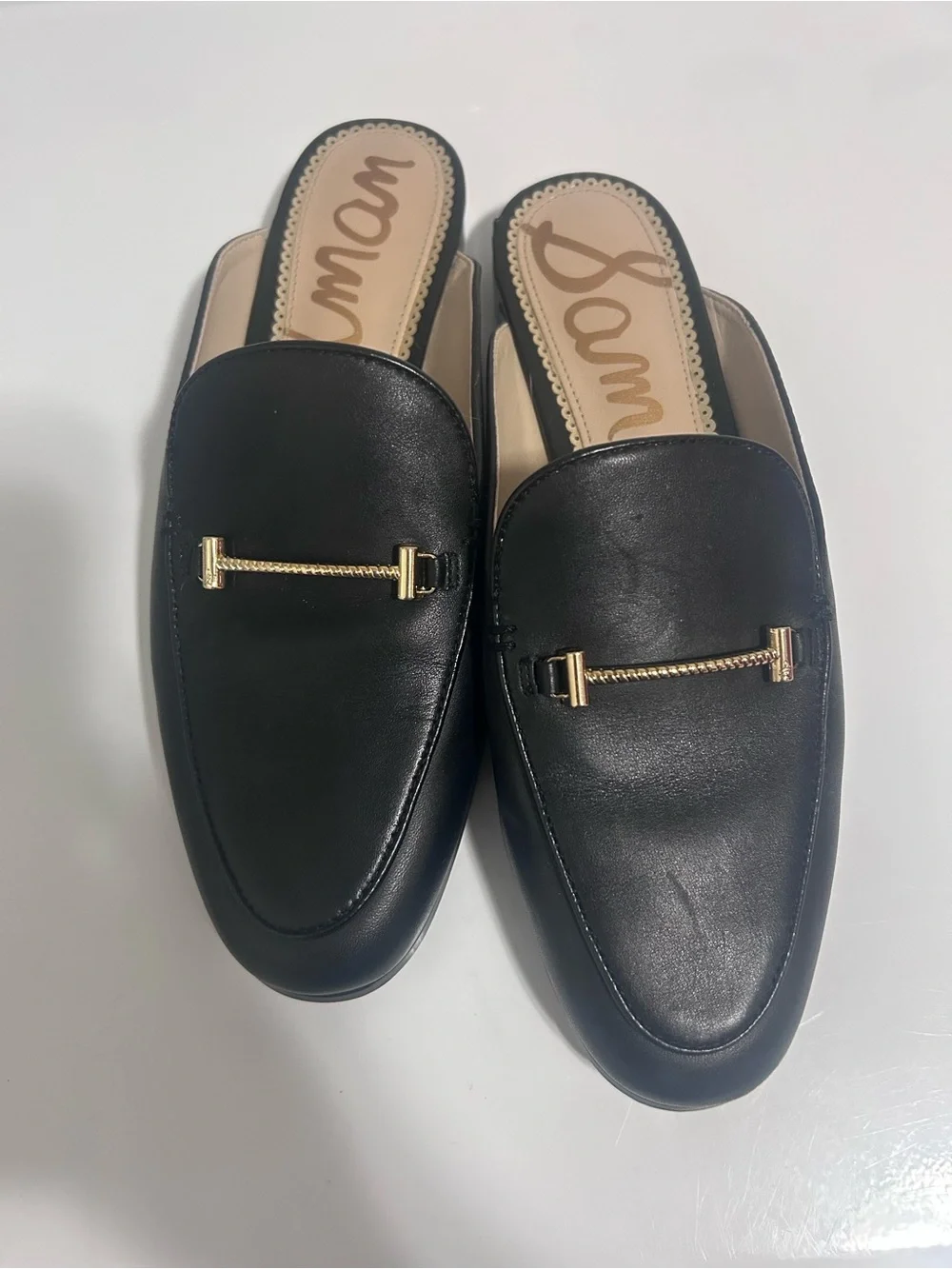 Sam Edelman Black Leather Mule Loafers with Gold Chain Accent - Picture 2 of 4